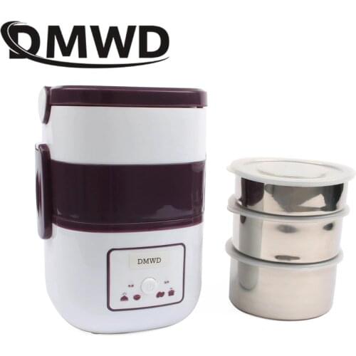 DMWD 3 Layers Electric Insulation Heating Lunch Box Food Steamer Mini Rice Cooker Stainless steel Meal Container Heater EU Plug