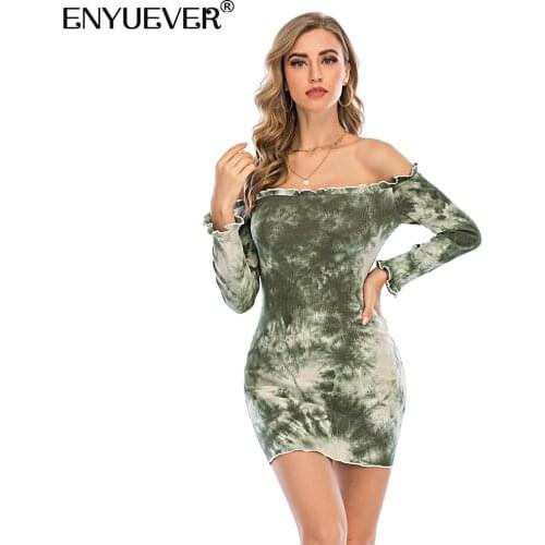 Enyuever Women Bodycon Mini Dress Off Shoulder Long Sleeve Tight Tie Dye Sexy Nightclub Club Party Dress Fashion Streetwear