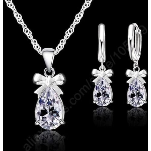 Hot New Gift Set 925 Sterling Silver With White CZ Stone Crystal Dangle Earring Pendant Necklace Woman Jewelry Set