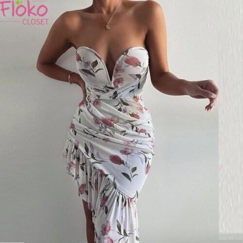 Flokocloset Summer Bohemian Sleeveless Mini Dresses Sexy Strapless Print Asymmetrical Design Slim Dress