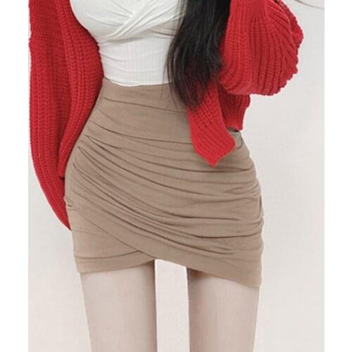 Summer Pleated Skirts Women High Waist Khaki Mini Sheath Skirt Korean Cotton Hot Warp Skirt Pencil Clubwear Streetwear Z717
