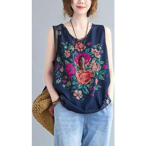 Cotton Linen Tanks Women Printed Sleeveless V-neck Loose Casual Women Summer Vest Breathable Fashion Female Summer Tops