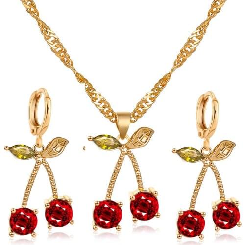 Fashion Cherry Necklace Earrings Jewelry Sets Women Glamour Necklace Zircon Crystal Drop Earrings Jewelry Collier Bijoux Brincos