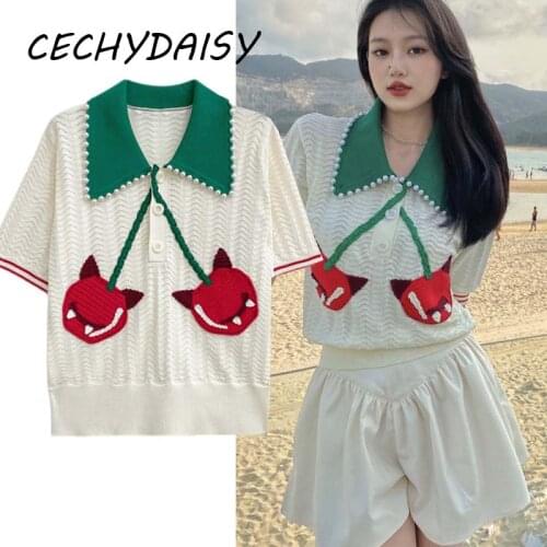 Korean Fashion Knitted Pullovers Women Embroidery Beading Short Sleeve Casual Clothes Cute Pull Femme Tops Jumper 2021 Summer Za