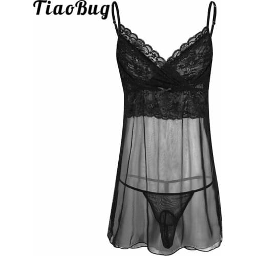 TiaoBug 2Pcs Men Sleeveless Lace Mini Dress Lingerie with G-string Nightwear Sleepwear Set Sexy Sissy String Homme Gay Underwear