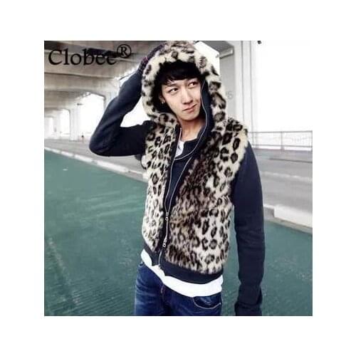 Winter Fall Male Faux Fur Men Vest Jacket Coat Outerwear Leopard Print Faux Fur Short Waistcoat Formal Night Club Wear YR54