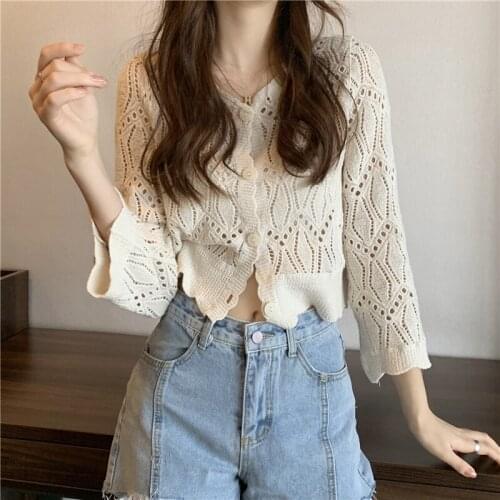 Autumn 2021 New Style Korean Thin Hollow Cardigan Knitted Sweater Women Gentle Style French V-Neck Sweater Female Top Trend