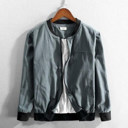 QH Mens Linen Cotton Baseball Jacket Refreshing Casual Simple Streetwear Classic Vintage Jacquard Stand Collar Breathable Coat