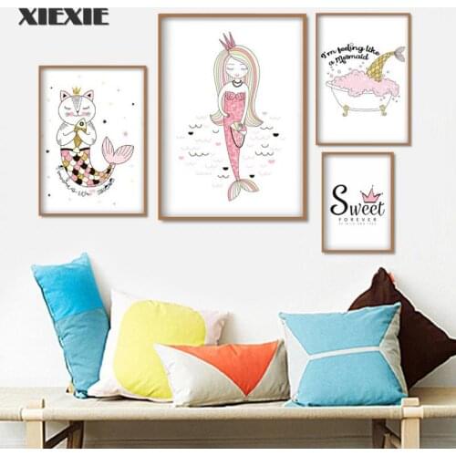 Mermaid Princess Cat Fish Wall Art Canvas Painting Cartoon Nordic Posters and Prints Canvas Pictures for Kids Room Girl Bedroom