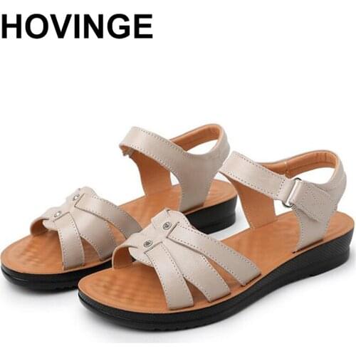 HOVINGE Sandals Leather Non-slip Comfortable Flat Heel Women Sandals Summer Leak Toe Heel Height 3cm Pregnant Women Mom Shoes