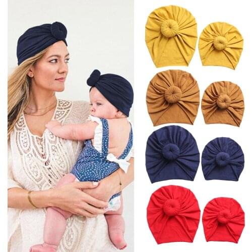 2Pcs/Set Mommy and Me Solid Cotton Hats Sweet Cute Donuts Round Ball Flower Women Caps Girls Newborn Turban Twist Knot Headwraps