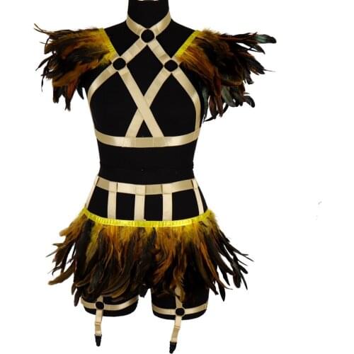 Harajuku Sexy Feather Harness Lingerie 2 Piece Set Body Suspenders Chest Cage Bra Gothic Women High Waist Club Rave Costumes