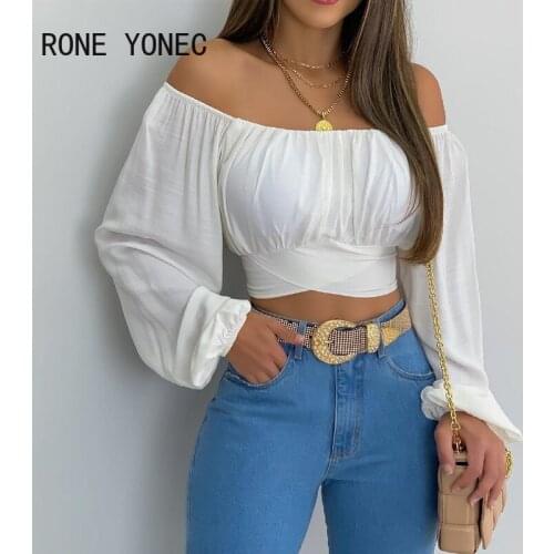 Women Solid Sexy Off Shoulder Crop Puff Sleeves White Blouse