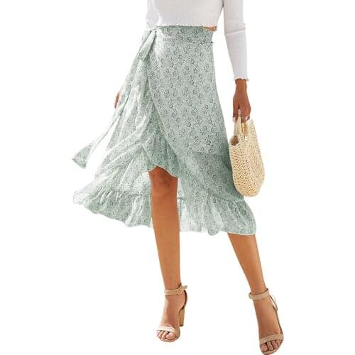 Summer Chiffon Floral Print Ruffle Bandage Skirt Women Casual Boho Loose Elegant Streetwear Beach Fresh Midi Length Skirts