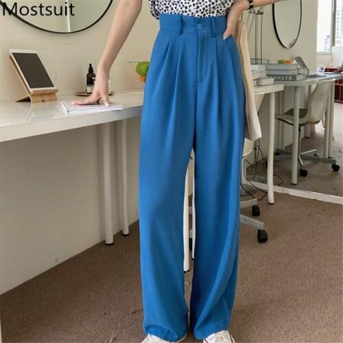 High Waist Full-length Suit Pants Trousers Women Button Fly Wide Leg Straight Pants Korean Fashion Streetwear Ladies Pants 2021