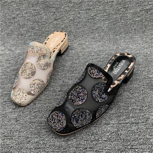 Koovan Womens Real Leather Shoes 2020 Spring Dragged Diamond Leather Stitching Net Yarn Grandma Shoes Women Slippers