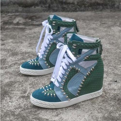 Woman Green Blue Python Animal Print Patchwork Rivets High Top Sneakers 8 CM Height Increasing Lace Up Wedge Casual Ankle Boots