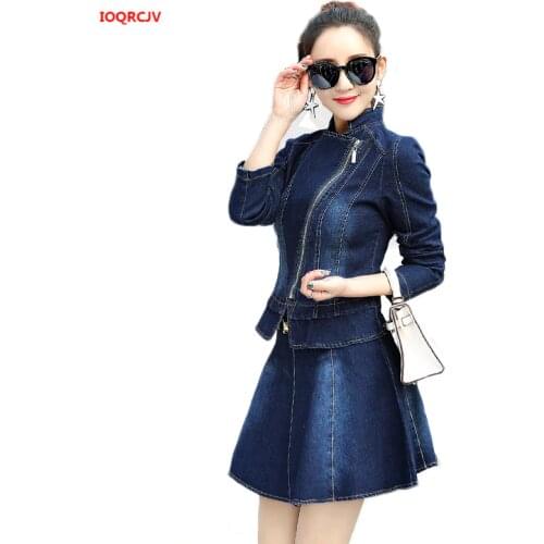 Denim Jacket Skirt Suit 2019 Spring Fashion Elegant Casual 2 Piece Set Women Zipper Jeans Coat And Mini Swing Skirts Suits W976
