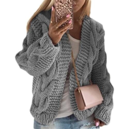 Women Autumn Chunky Cable Knitted Cardigan Simple Solid Color Open Front Sweater Coat Twist Thick Crochet Loose Long Sleeve Outw