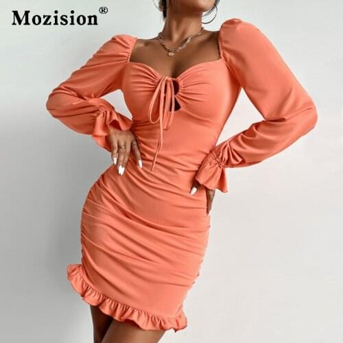 Mozision Ruffle Hollow Out Ruched Mini Dresses Women Autumn Orange Square Collar Long Lantern Sleeve Backless Dress Ladies