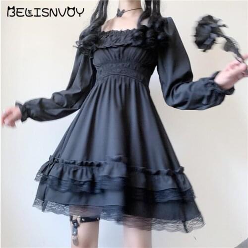 Japanese Lolita Style Women Black Mini Dress Square Collar High Waist Puff Sleeve Dress Gothic Lace Ruffles Cosplay Dresses