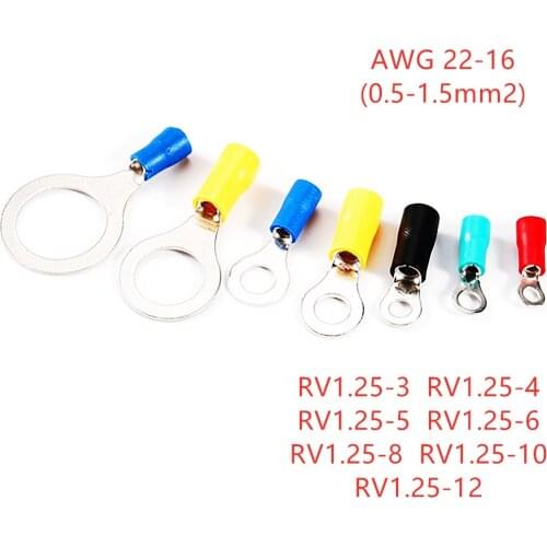 22-16 AWG 0.5-1.5mm2 Insulated Ring Terminal Connector Red Yellow Blue Green Balck PVC Wire Cable Electrical Crimp Terminal