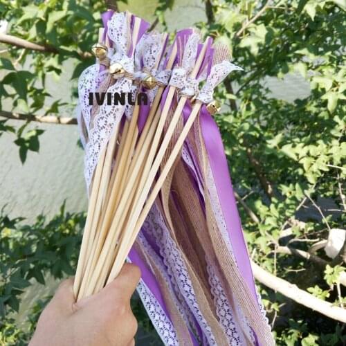 50pcs/lot purple Jute wedding wands with gold bell for wedding decoration