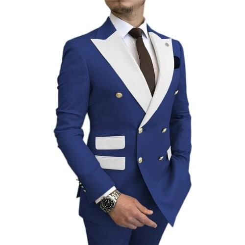 White Peak Lapel Blue Men Double Breasted & Pockets Jacket+Pants Casual 2 Pcs Suits For Wedding Prom Evening Party Blazers ML344