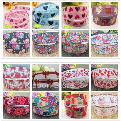 Free shipping Pink blue heart printed ribbon Valentine Grosgrain Ribbon DIY hairbows accessory kids Valentine gift package wrap