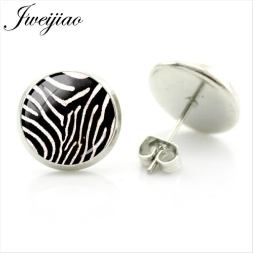 JWEIJIAO Black and White Zebra pattern Stud Earrings Animal Zebras Art Picture Glass Cabochon Earrings Brincos ZB09