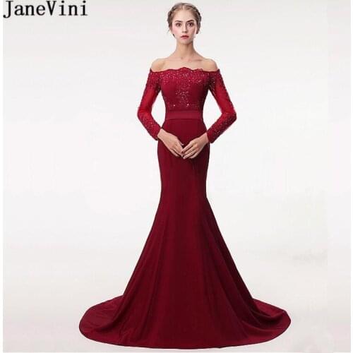 JaneVini Elegant Mermaid Burgundy Bridesmaid Dresses Long Sleeve Lace Appliques Beaded Button Back Satin Dress Formal Prom Gowns