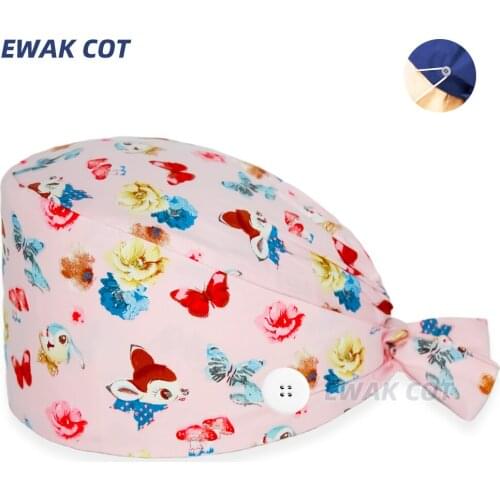 Cotton skull cartoon print hat with button adjustable work cap beauty salon nursing cap male surgical hat wholesale scrub caps
