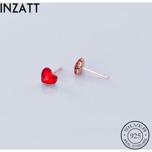 INZATT Real 925 Sterling Silver Red Zircon Heart Stud Earrings For Fashion Woman Party Fine Jewelry Cute Accessories Gift