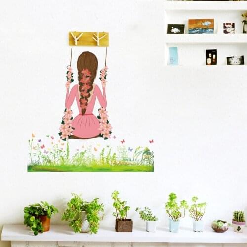 Swinging girl on the grass Wall Sticker for girls rooms home Door decoration Mural Decals Glass window stickers wallpaper