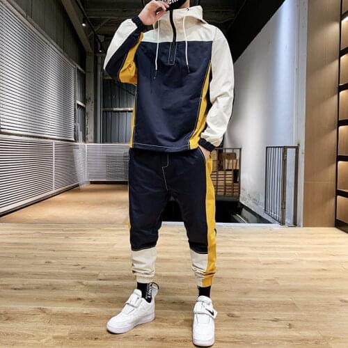 Streetwear Tracksuit Men Spring Sportswear Casual Mens Sets Patchwork Hooded Male Track Suit Two Piece Set Jacket + Joggers