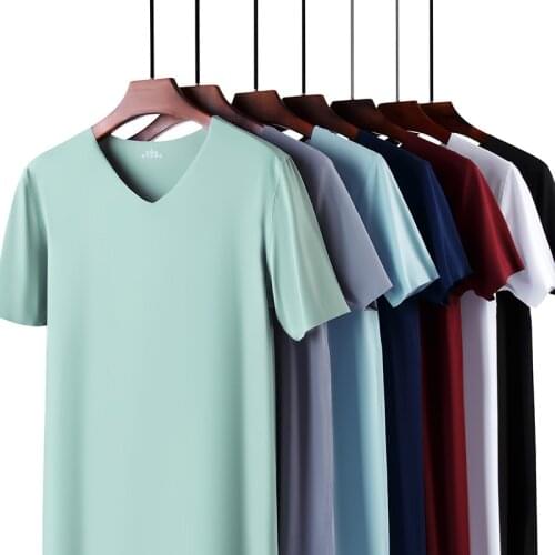 Summer Mens Seamless Ice Silk Short-sleeved T-shirt Slim Casual Breathable V-neck Half-sleeved Top Bottoming Shirt