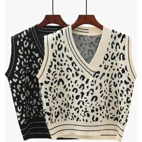 Fashion Design V-Neck Leopard Women Sweater Vest Autumn New SLim Casual All Match Female Pulls Outwear Tops