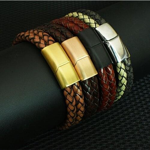 Fashion Leather Mens Bracelet Stainless Steel Double-Layer Bangles Magnetic Buckle Men Wristband Charm Males Jewelry