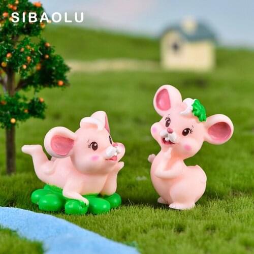 Cartoon Pink Mouse Lucky Clover Resin Figurine Dollhouse cake home decoration miniature fairy garden DIY accessories Kids Gift