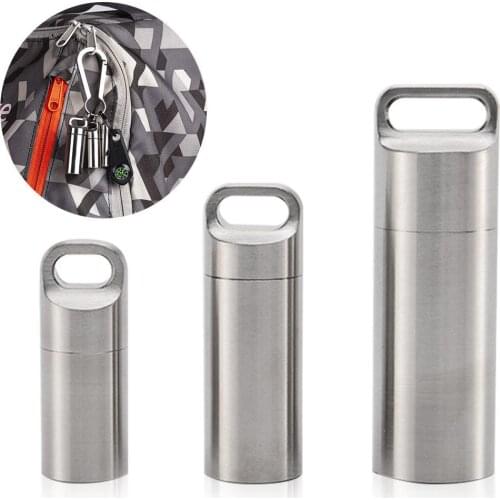 Outdoor EDC Tool Kit Waterproof Stainless Steel Pill Case Small Tablet Box Bottle Holder Keychain for Hiking Camping Traveling