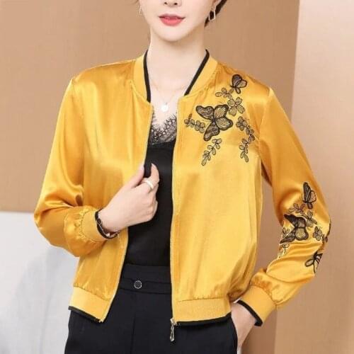 2021 New Spring Summer High Elastic Imitation Silk Satin Embroidery Sun Protection Clothing Tops Thin Short Jacket Women