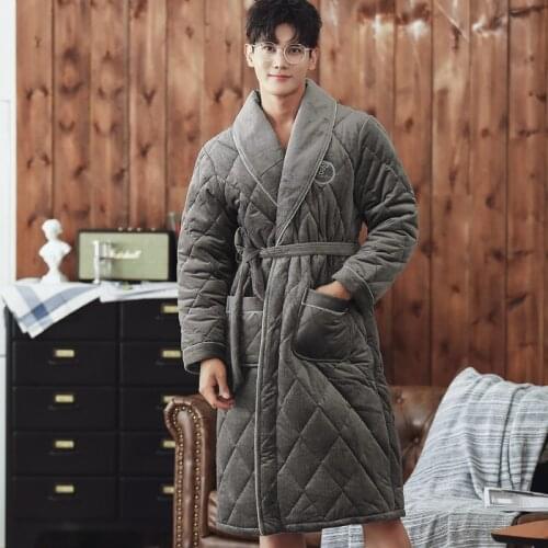 New Men Winter 3 Layers Coral Feece Quilted Robe Solid Long Sleeve Kimono Bathrobe Gown Casual Home Clothes Male SPA Sleep Wear