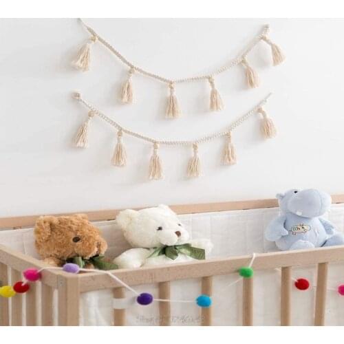 Nordic Cotton Rope Wooden Bead Garland with Tassel Wall Hanging Nursery Props Decorations Childrens Baby Room Decoration
