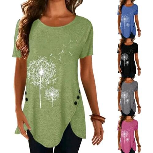 Casual Women T-shirt Plus Size Irregular Hem Floral Print Short Sleeve O Neck Buttons T Shirt Top Mid-length Tunic Summer Tshirt