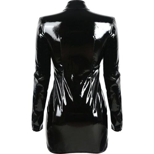 Sexy Women Latex Rubber Buckle Dress Keyhole Bust Zipper Black PVC Sexy Faux Leather Cupless Vinyl Club Mini Dress