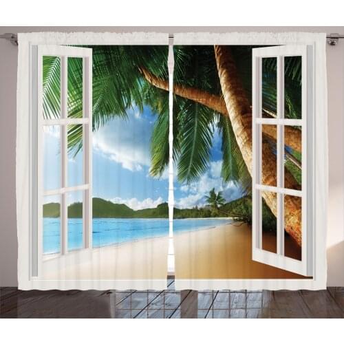 Tropical Curtains Exotic Coastal Beach and Palm Trees Satin Fabric Drapes for Living Room Bedroom 2 Panel Window Set