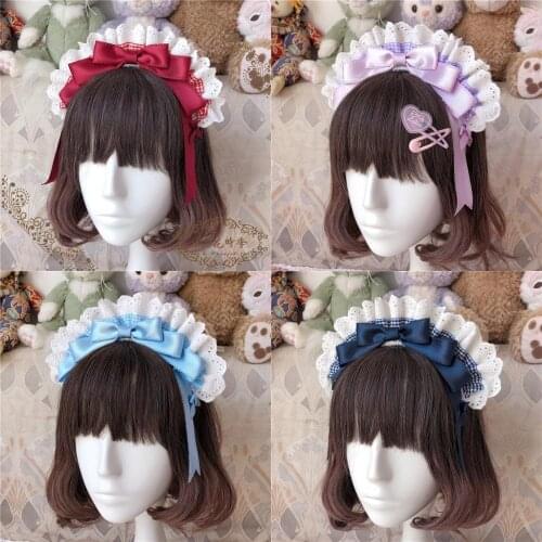 Vinatge Maid KC Headwear Cosplay Soft Girl Cute Bow Plaid Lace Headband Sweet Lolita Handmade Hair Hoop Hair Accessories