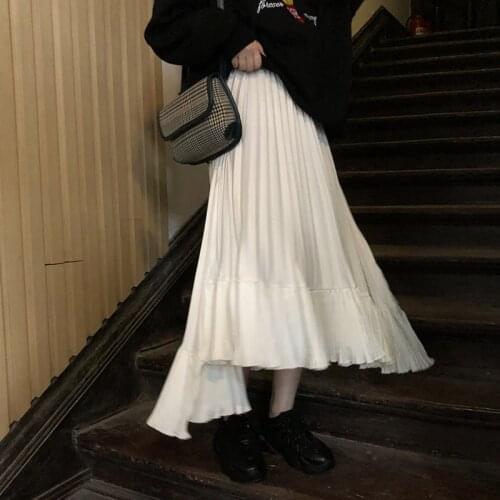 WERUERUYU Spring Autumn Fashion Womens High Waist Pleated Solid Color Half Length Elastic Skirt Promotions Lady Black White