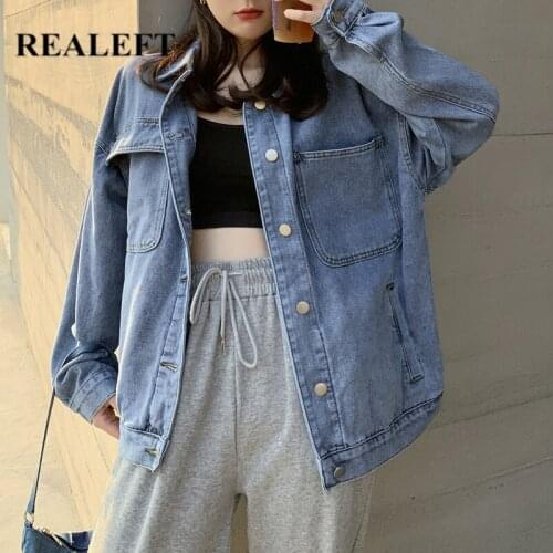 REALEFT New 2021 Autumn Winter High Street Womens Denim Jacket Blue Loose Outerwear Singel Breasted Chic Jeans Tops Female
