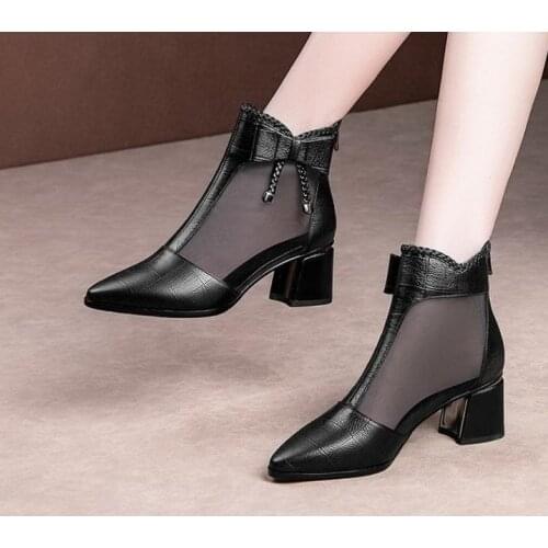2021 Fall Mesh Boots Soft LEATHER Women Sandals Boots Mid Chunky Heel Bowtie Summer Shoes Woman Ponited toe SEXY Black